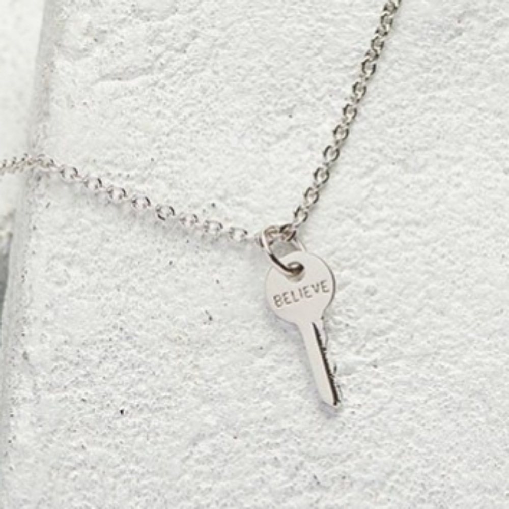 The Giving Keys Mini Key Necklace- Silver tone "Believe"